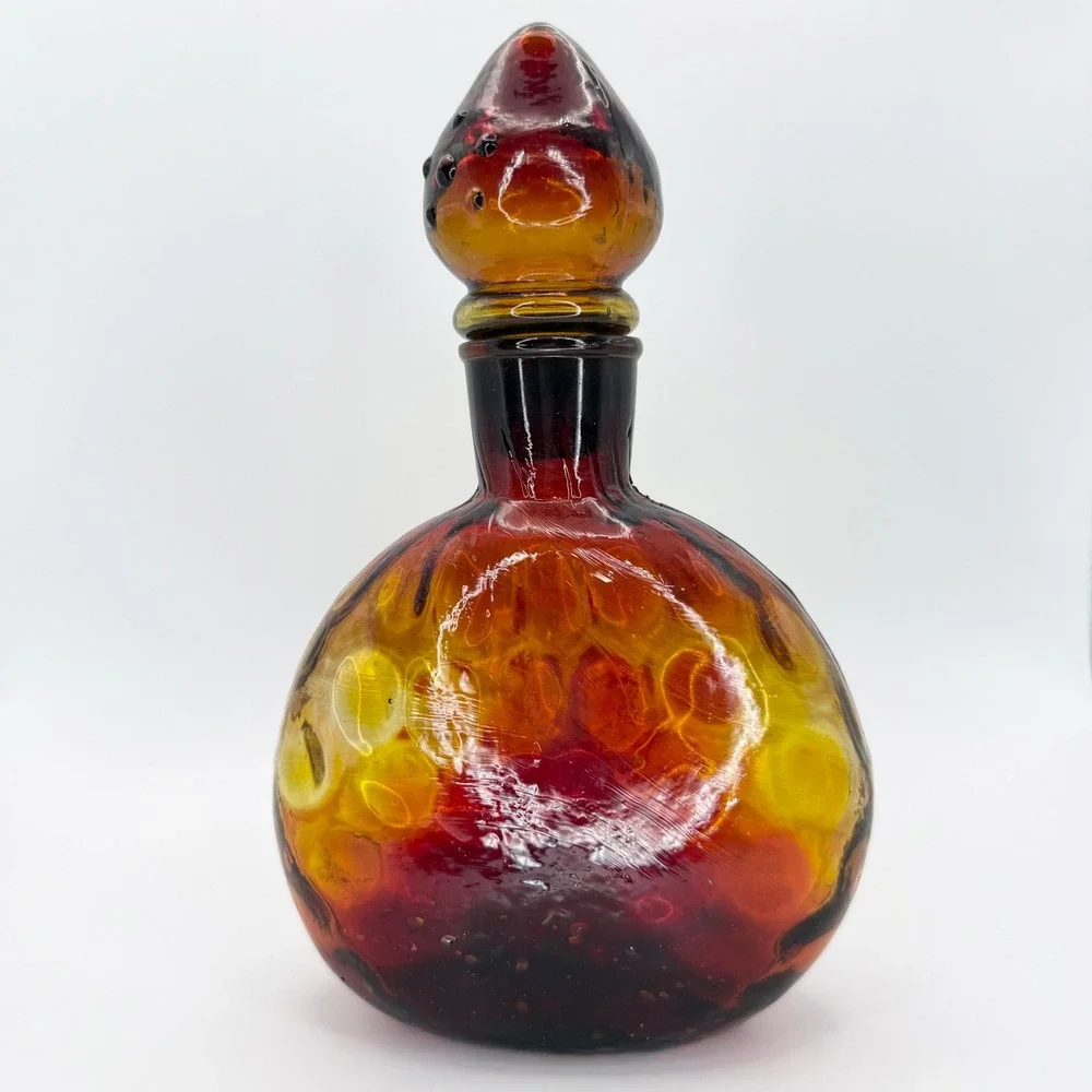 Vintage Amberina Glass Decanter Bottle Stopper Art Glass Handblown Rustic Optic
